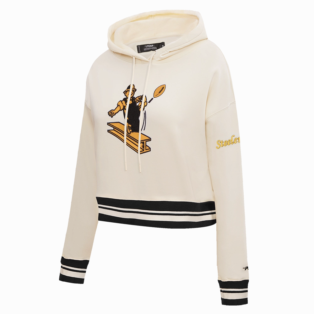 NFL PITTSBURGH STEELERS RETRO CLASSIC WOMEN'S CROPPED PULLOVER HOODIE (EGGSHELL/ BLACK)