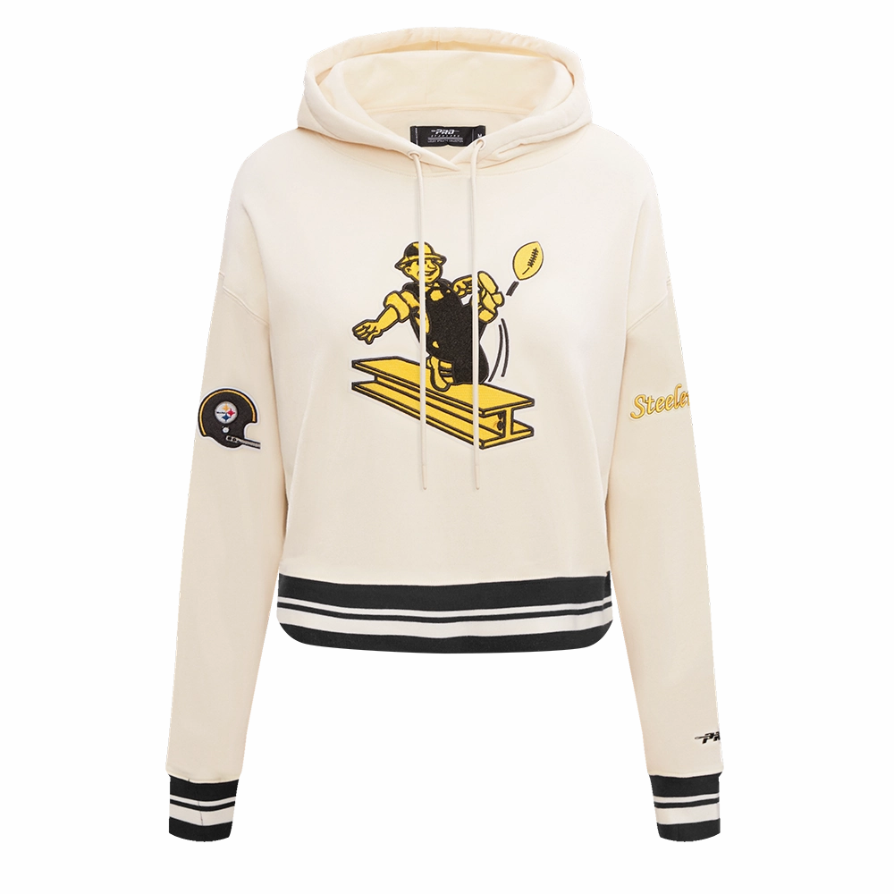 NFL PITTSBURGH STEELERS RETRO CLASSIC WOMEN'S CROPPED PULLOVER HOODIE (EGGSHELL/ BLACK)