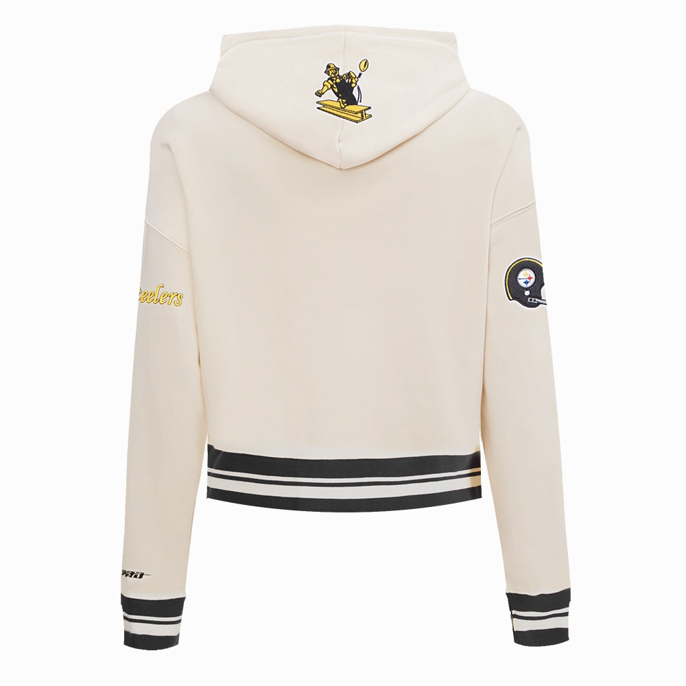 NFL PITTSBURGH STEELERS RETRO CLASSIC WOMEN'S CROPPED PULLOVER HOODIE (EGGSHELL/ BLACK)