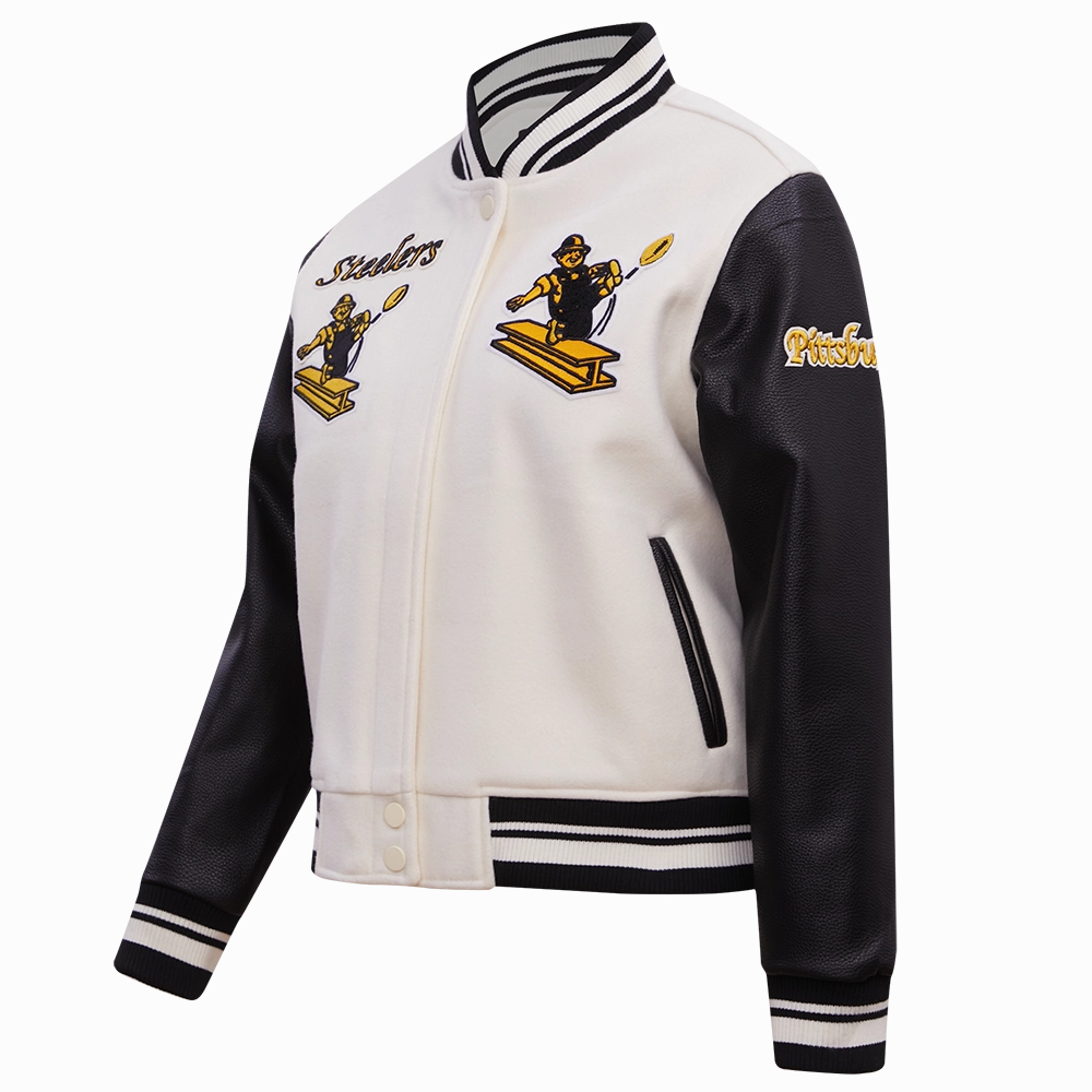 NFL PITTSBURGH STEELERS RETRO CLASSIC WOMEN'S RIB WOOL VARSITY JACKET (EGGSHELL/ BLACK)