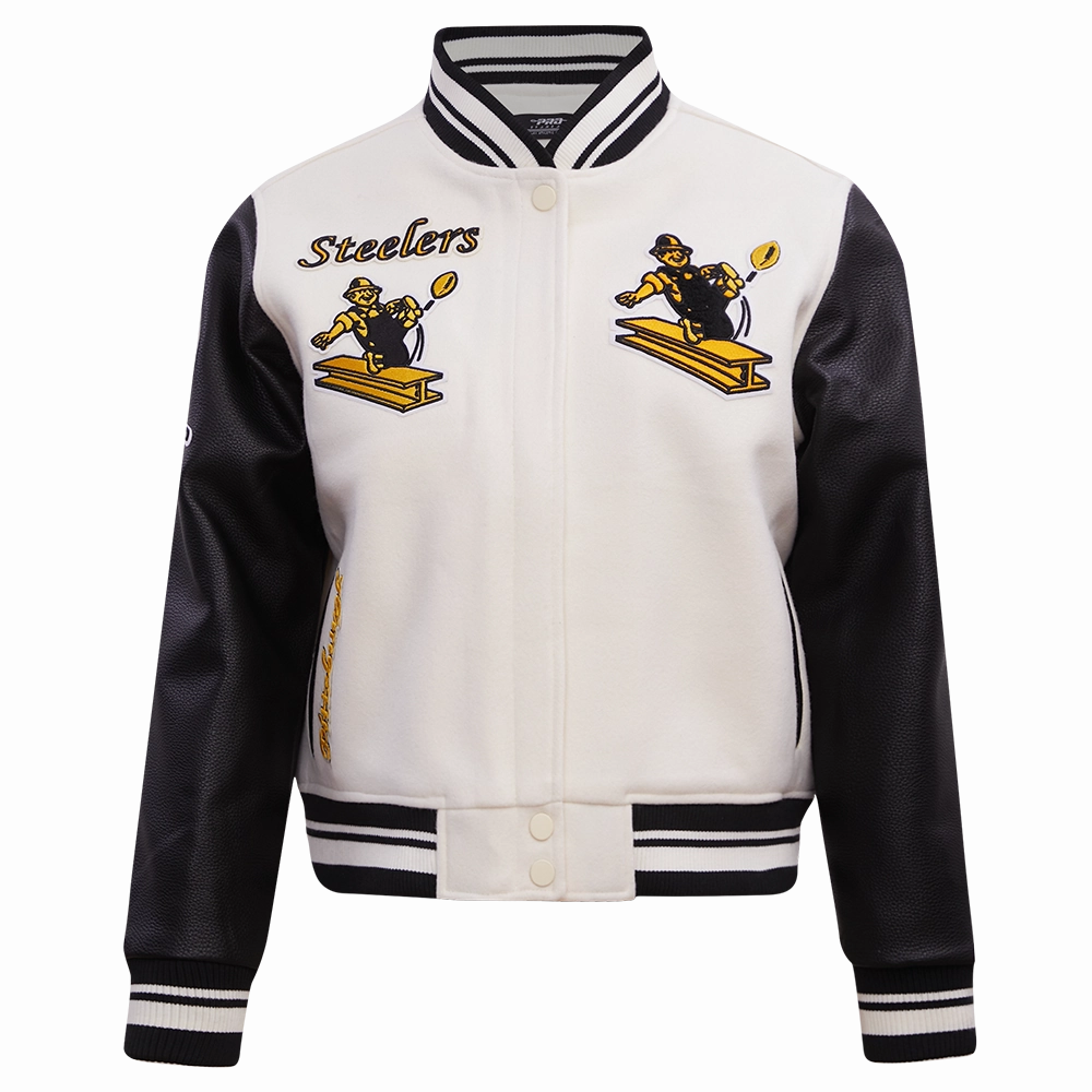 NFL PITTSBURGH STEELERS RETRO CLASSIC WOMEN'S RIB WOOL VARSITY JACKET (EGGSHELL/ BLACK)