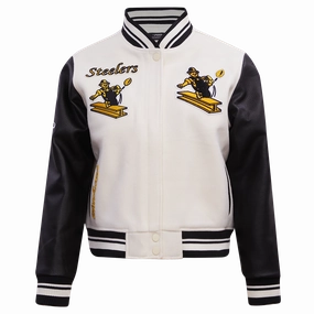 NFL PITTSBURGH STEELERS RETRO CLASSIC WOMEN'S RIB WOOL VARSITY JACKET (EGGSHELL/ BLACK)