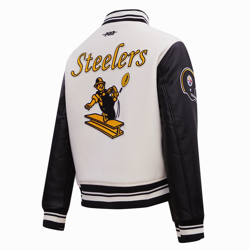 NFL PITTSBURGH STEELERS RETRO CLASSIC WOMEN'S RIB WOOL VARSITY JACKET (EGGSHELL/ BLACK)