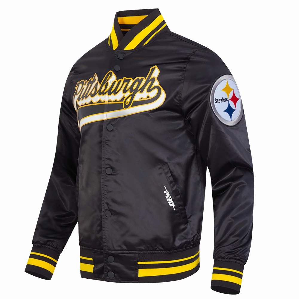 NFL PITTSBURGH STEELERS SCRIPT TAIL MEN'S SATIN JACKET (BLACK/YELLOW)