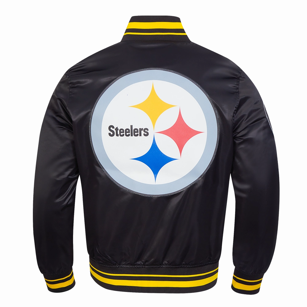 NFL PITTSBURGH STEELERS SCRIPT TAIL MEN'S SATIN JACKET (BLACK/YELLOW)