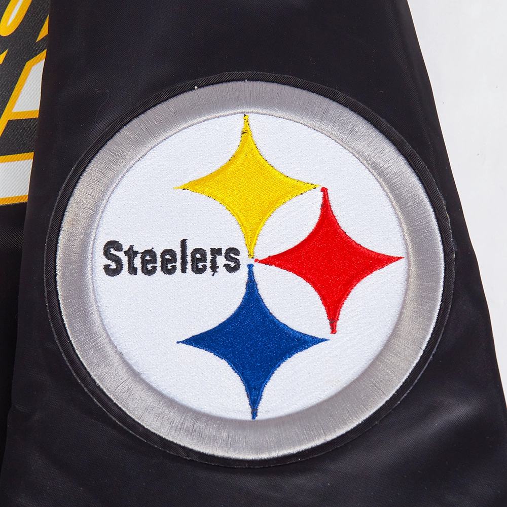 NFL PITTSBURGH STEELERS SCRIPT TAIL MEN'S SATIN JACKET (BLACK/YELLOW)