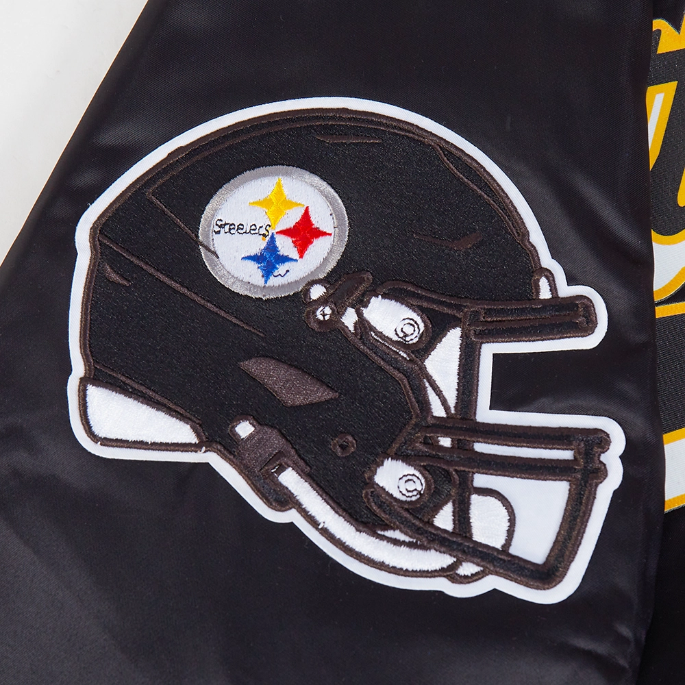 NFL PITTSBURGH STEELERS SCRIPT TAIL MEN'S SATIN JACKET (BLACK/YELLOW)