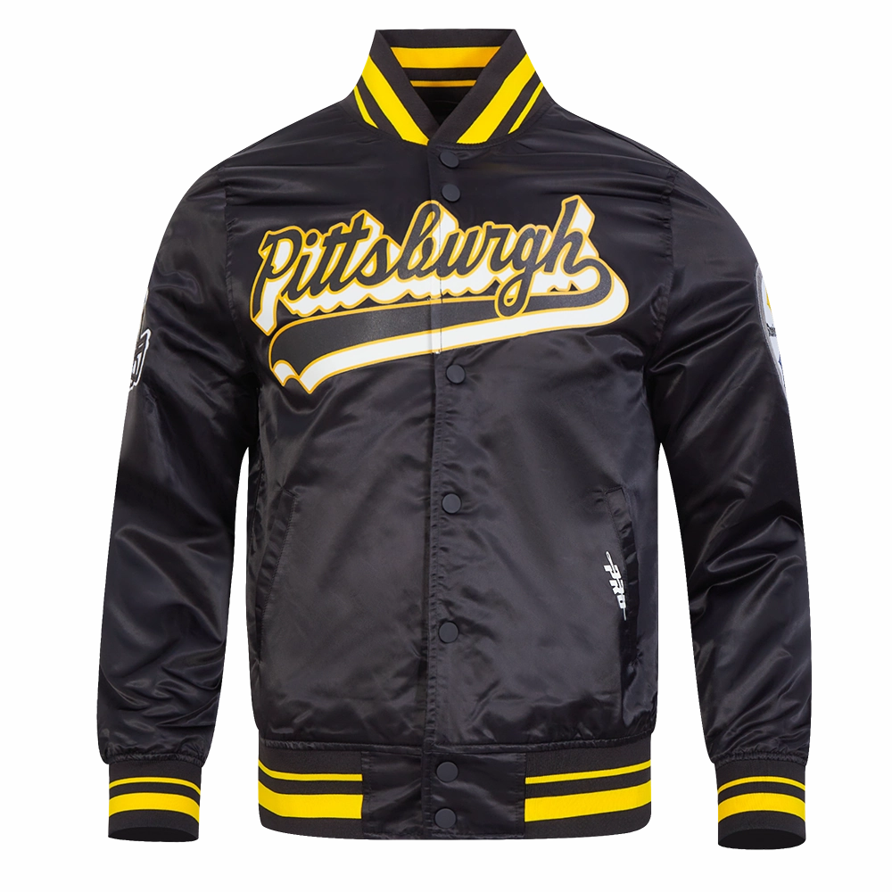 NFL PITTSBURGH STEELERS SCRIPT TAIL MEN'S SATIN JACKET (BLACK/YELLOW)
