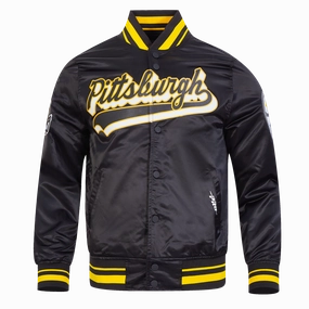 NFL PITTSBURGH STEELERS SCRIPT TAIL MEN'S SATIN JACKET (BLACK/YELLOW)
