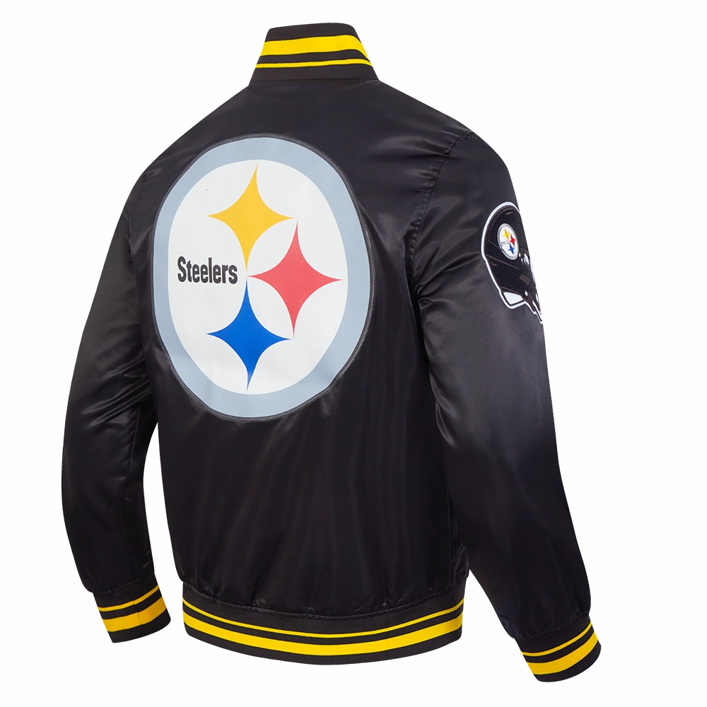 NFL PITTSBURGH STEELERS SCRIPT TAIL MEN'S SATIN JACKET (BLACK/YELLOW)