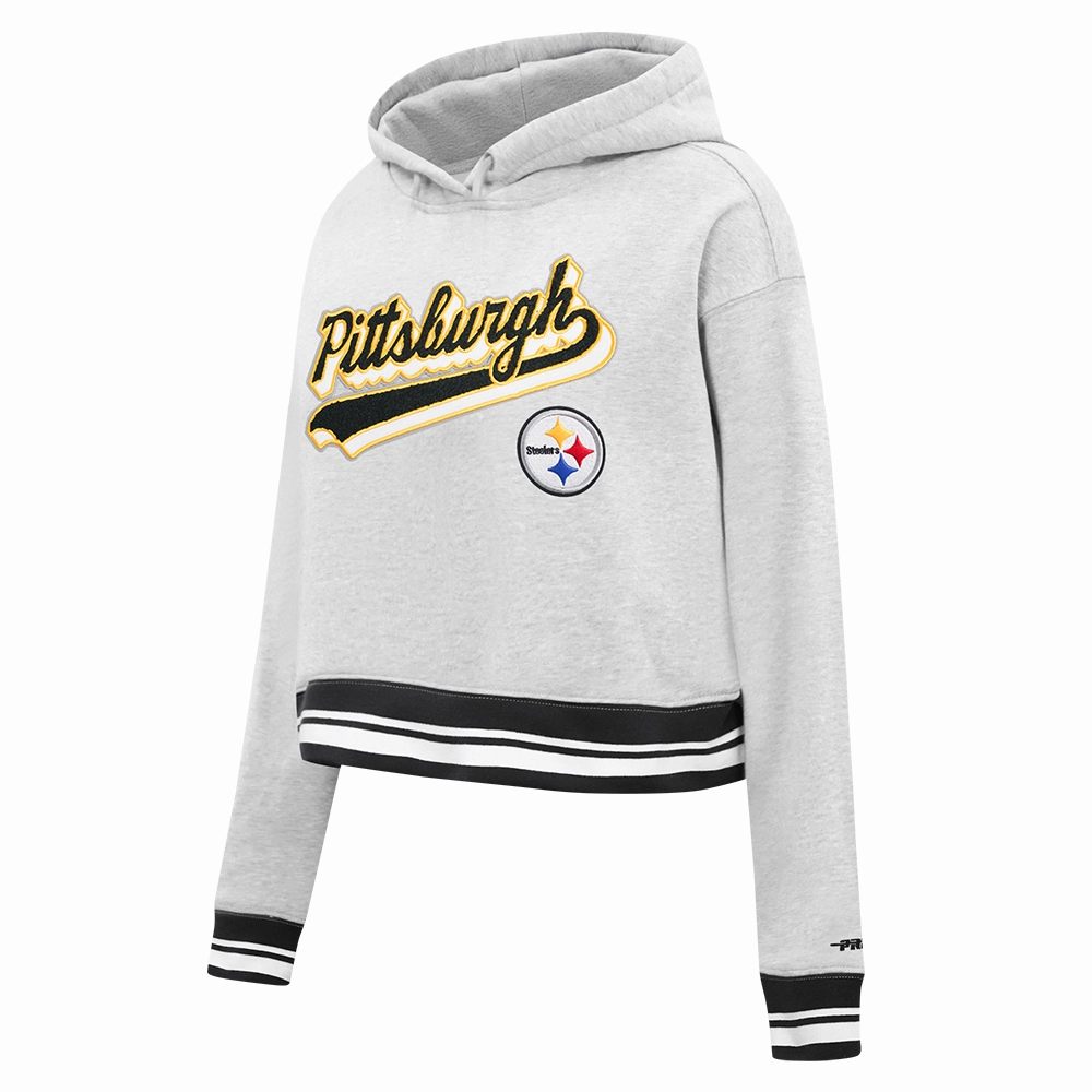 NFL PITTSBURGH STEELERS SCRIPT TAIL WOMEN'S RIB FLC CROPPED PO HOODIE (HEATHER GRAY/BLACK)