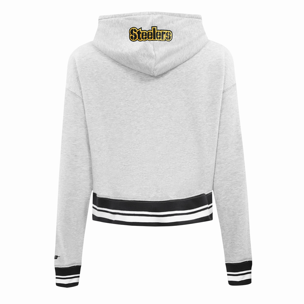 NFL PITTSBURGH STEELERS SCRIPT TAIL WOMEN'S RIB FLC CROPPED PO HOODIE (HEATHER GRAY/BLACK)