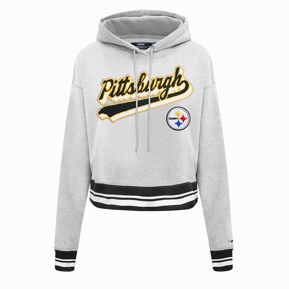 NFL PITTSBURGH STEELERS SCRIPT TAIL WOMEN'S RIB FLC CROPPED PO HOODIE (HEATHER GRAY/BLACK)