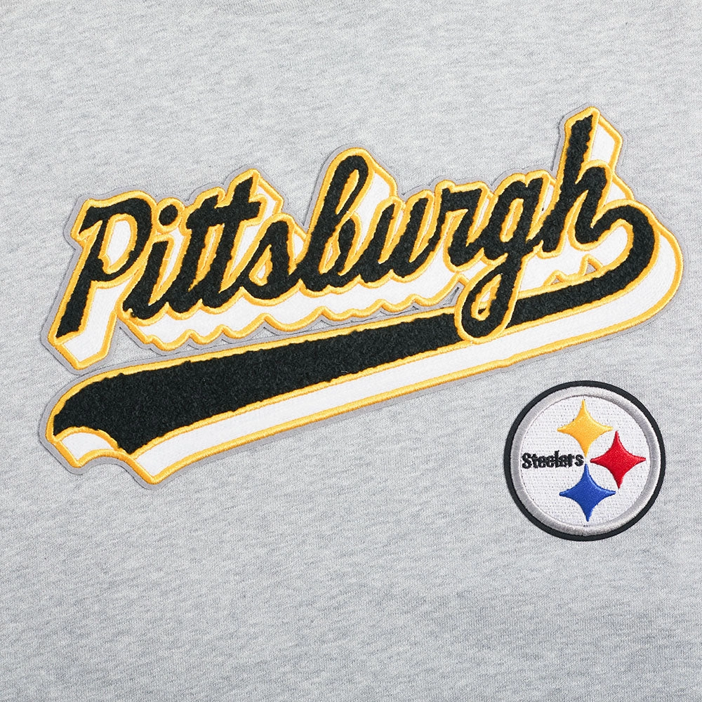 NFL PITTSBURGH STEELERS SCRIPT TAIL WOMEN'S RIB FLC CROPPED PO HOODIE (HEATHER GRAY/BLACK)