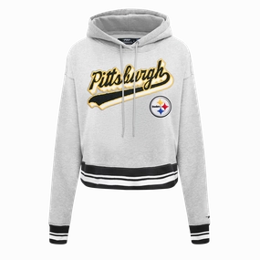 NFL PITTSBURGH STEELERS SCRIPT TAIL WOMEN'S RIB FLC CROPPED PO HOODIE (HEATHER GRAY/BLACK)