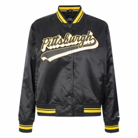 NFL PITTSBURGH STEELERS SCRIPT TAIL WOMEN'S SATIN JACKET (BLACK/YELLOW)