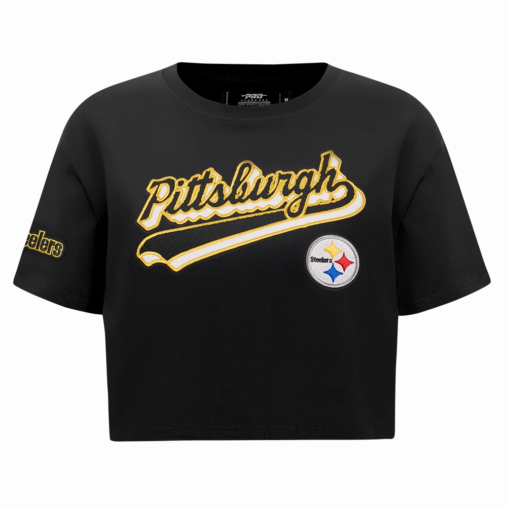 NFL PITTSBURGH STEELERS SCRIPT TAIL WOMEN'S SJ BOXY TEE (BLACK)
