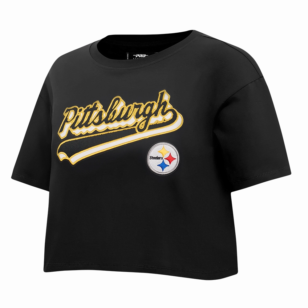 NFL PITTSBURGH STEELERS SCRIPT TAIL WOMEN'S SJ BOXY TEE (BLACK)