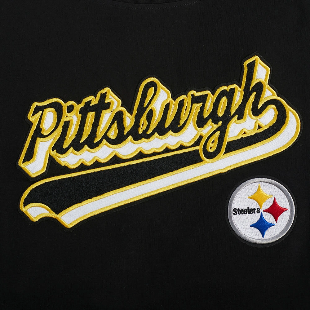 NFL PITTSBURGH STEELERS SCRIPT TAIL WOMEN'S SJ BOXY TEE (BLACK)