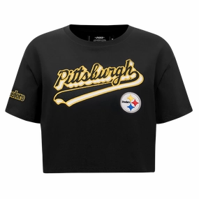 NFL PITTSBURGH STEELERS SCRIPT TAIL WOMEN'S SJ BOXY TEE (BLACK)
