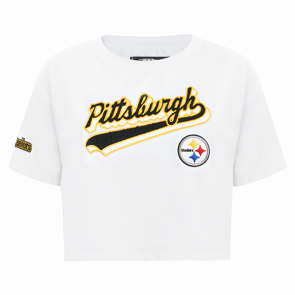NFL PITTSBURGH STEELERS SCRIPT TAIL WOMEN'S SJ BOXY TEE (WHITE)