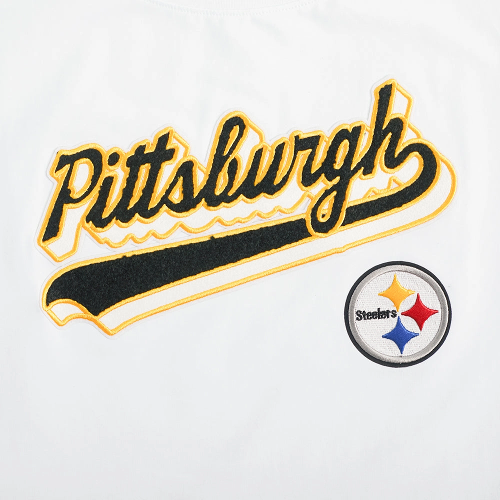NFL PITTSBURGH STEELERS SCRIPT TAIL WOMEN'S SJ BOXY TEE (WHITE)