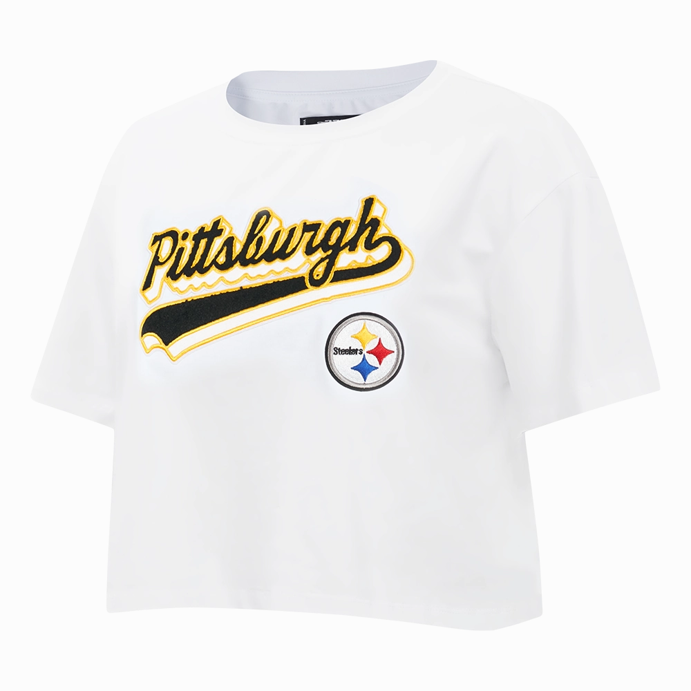 NFL PITTSBURGH STEELERS SCRIPT TAIL WOMEN'S SJ BOXY TEE (WHITE)