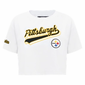NFL PITTSBURGH STEELERS SCRIPT TAIL WOMEN'S SJ BOXY TEE (WHITE)