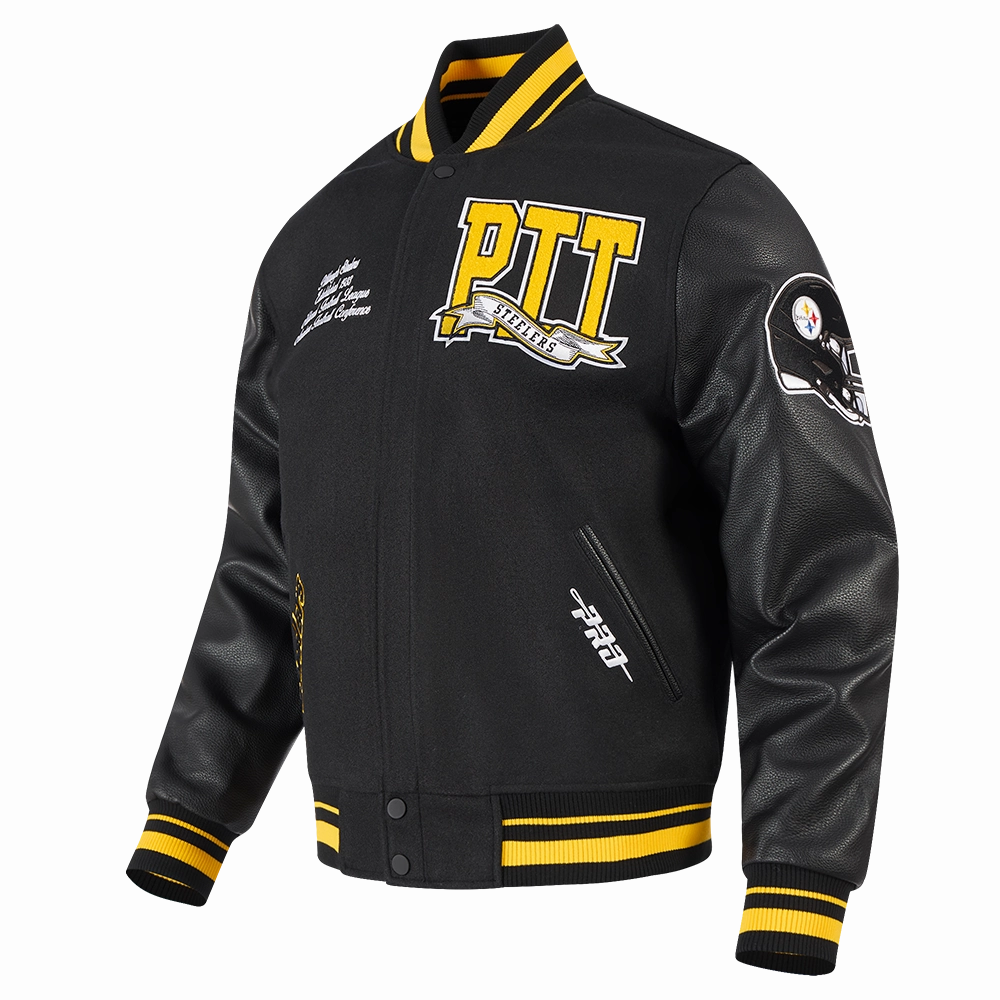NFL PITTSBURGH STEELERS TEAM PENNANTS MEN'S RIB WOOL VARSITY JACKET (BLACK/YELLOW)