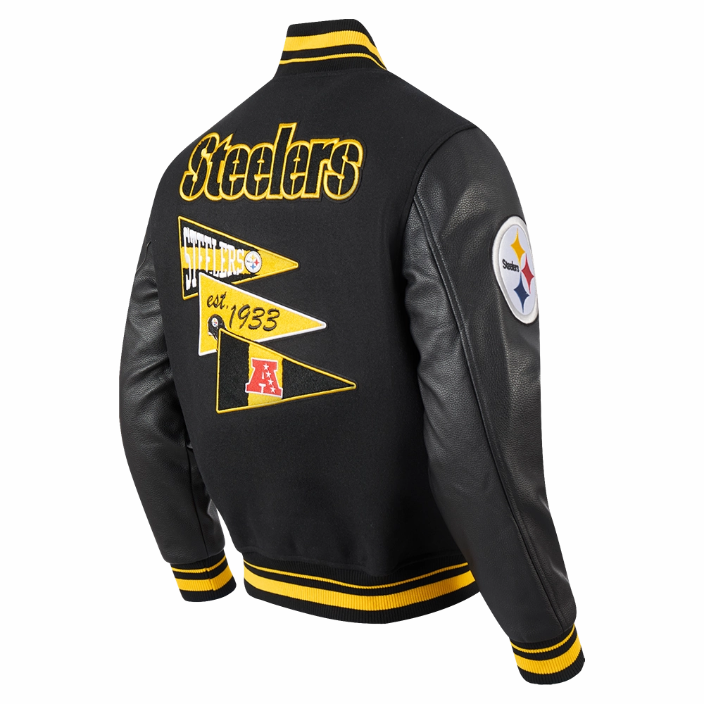 NFL PITTSBURGH STEELERS TEAM PENNANTS MEN'S RIB WOOL VARSITY JACKET (BLACK/YELLOW)