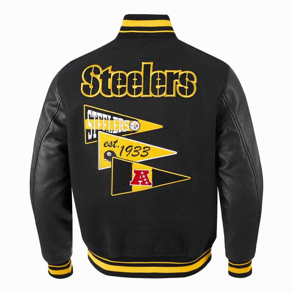 NFL PITTSBURGH STEELERS TEAM PENNANTS MEN'S RIB WOOL VARSITY JACKET (BLACK/YELLOW)