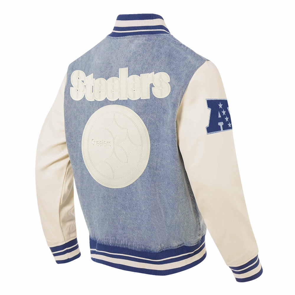 NFL PITTSBURGH STEELERS VARSITY BLUES MEN'S DENIM VARSITY JACKET (DENIM/LINEN)