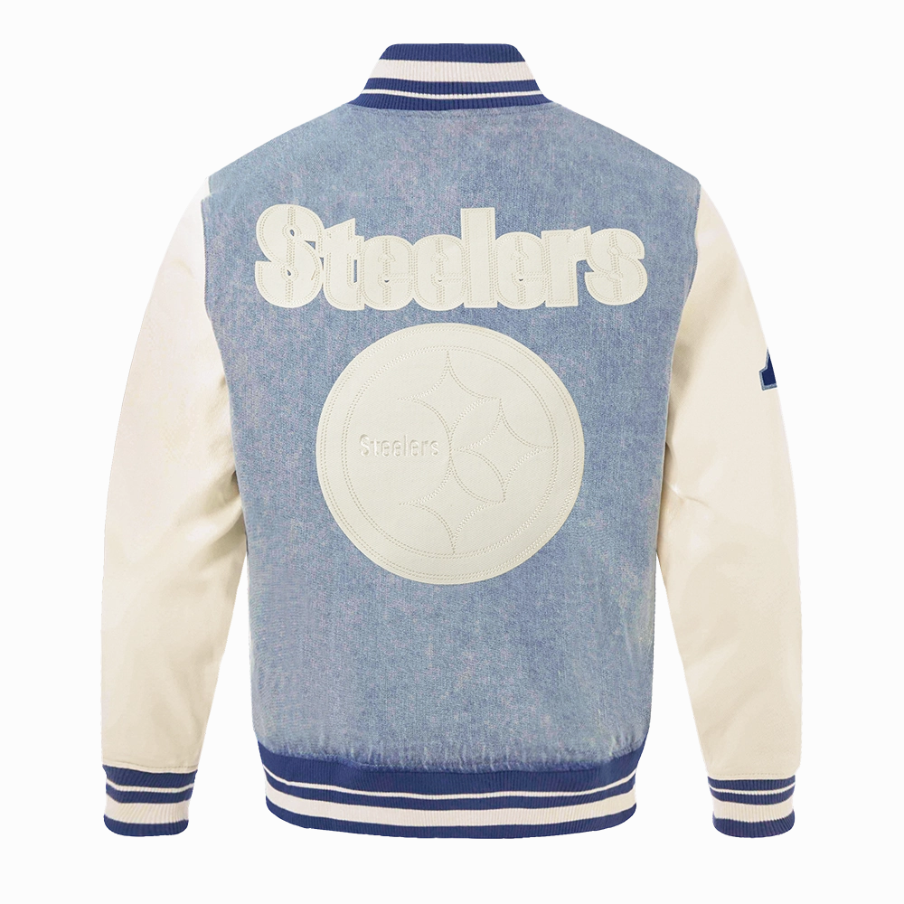 NFL PITTSBURGH STEELERS VARSITY BLUES MEN'S DENIM VARSITY JACKET (DENIM/LINEN)