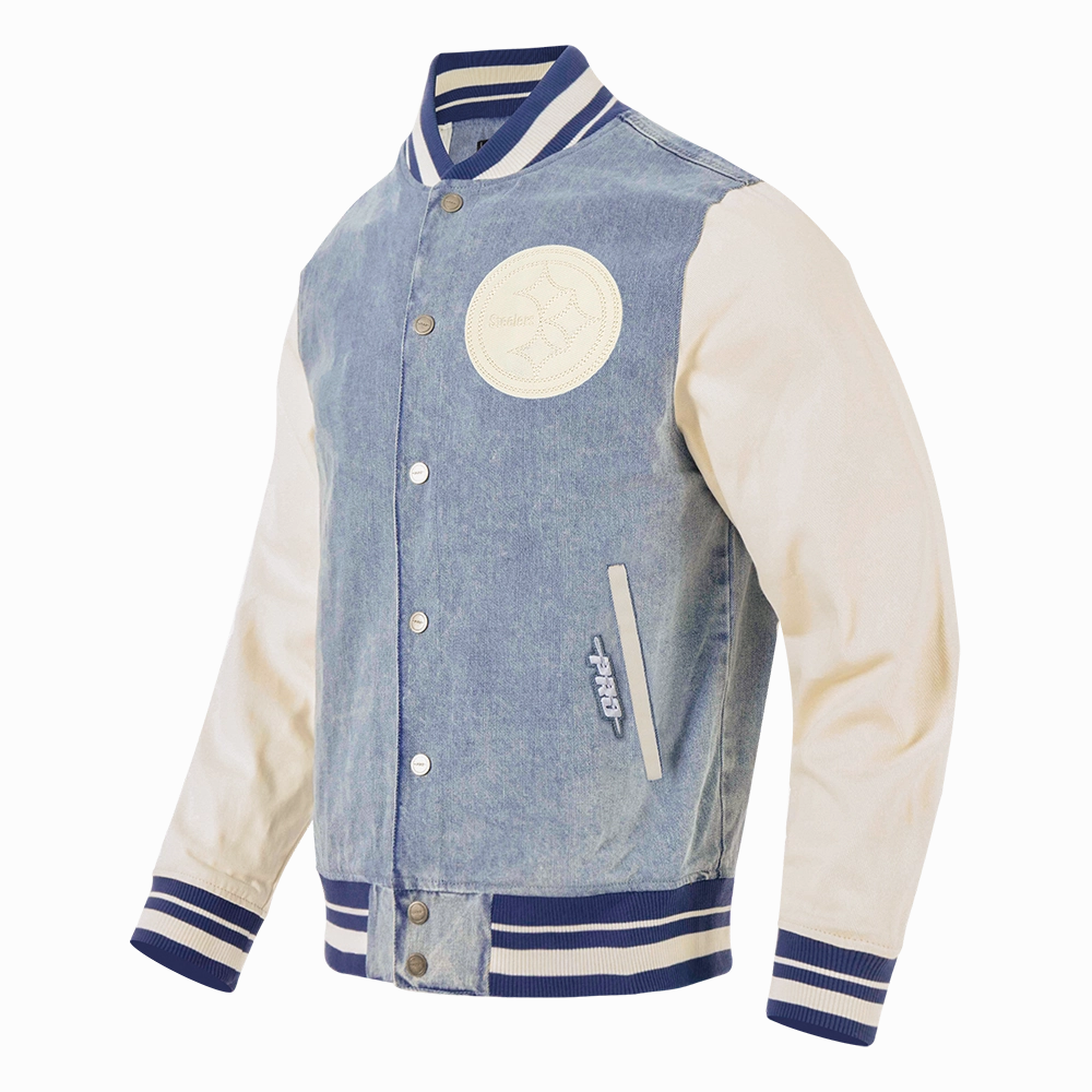 NFL PITTSBURGH STEELERS VARSITY BLUES MEN'S DENIM VARSITY JACKET (DENIM/LINEN)