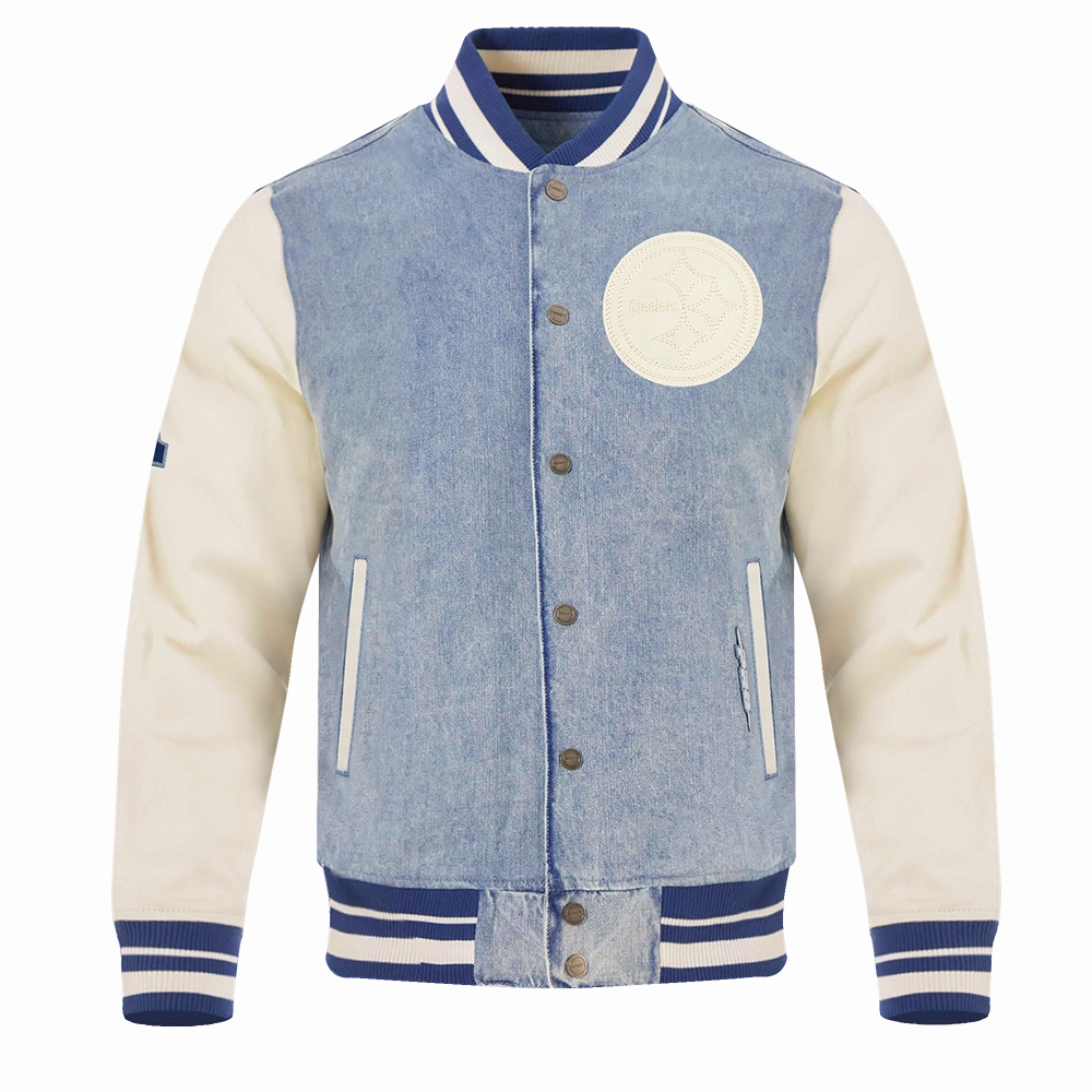NFL PITTSBURGH STEELERS VARSITY BLUES MEN'S DENIM VARSITY JACKET (DENIM/LINEN)