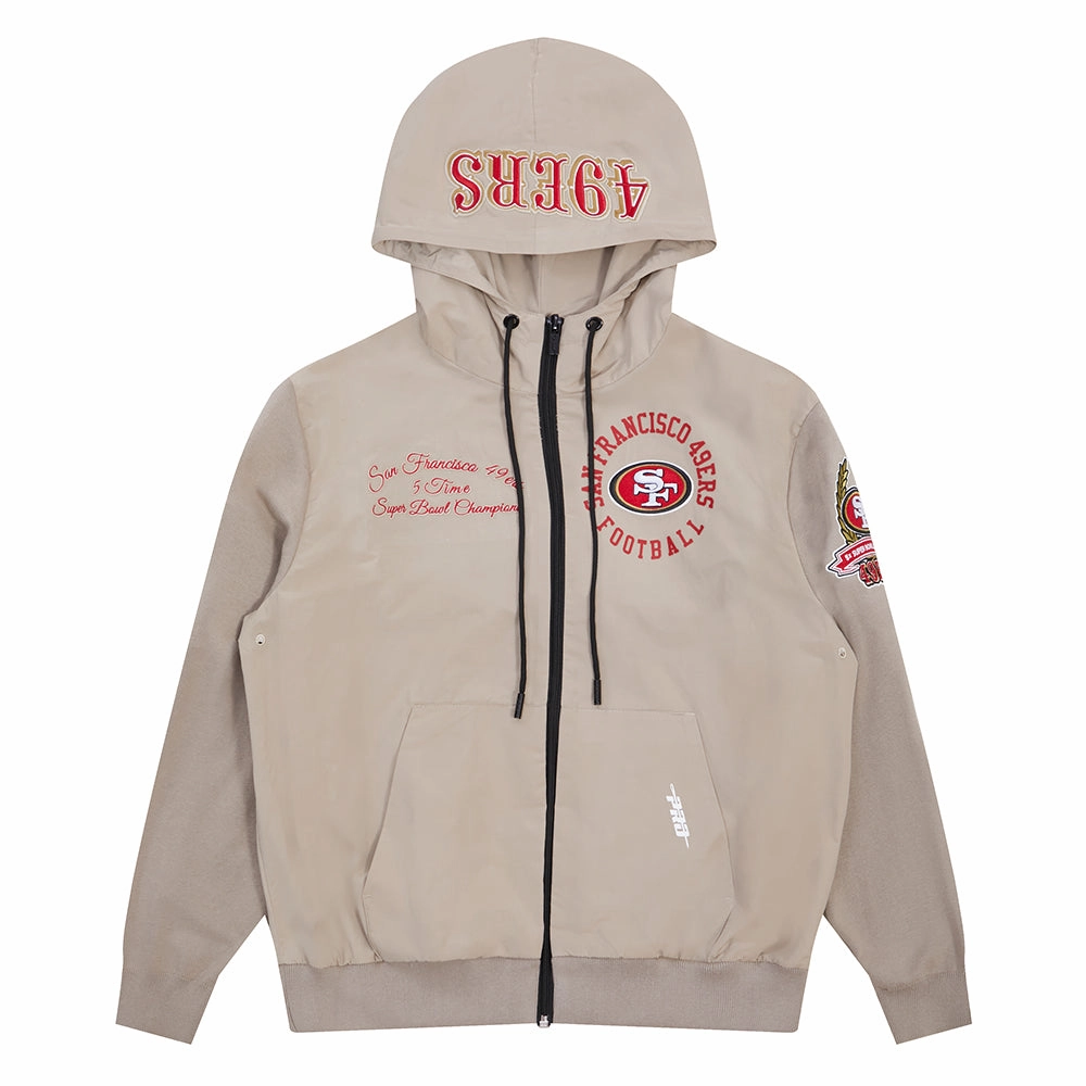 NFL SAN FRANCISCO 49ERS HYBRID MEN'S WOVEN FULL ZIP PULLOVER HOODIE (KHAKI)