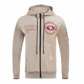 NFL SAN FRANCISCO 49ERS HYBRID MEN'S WOVEN FULL ZIP PULLOVER HOODIE (KHAKI)