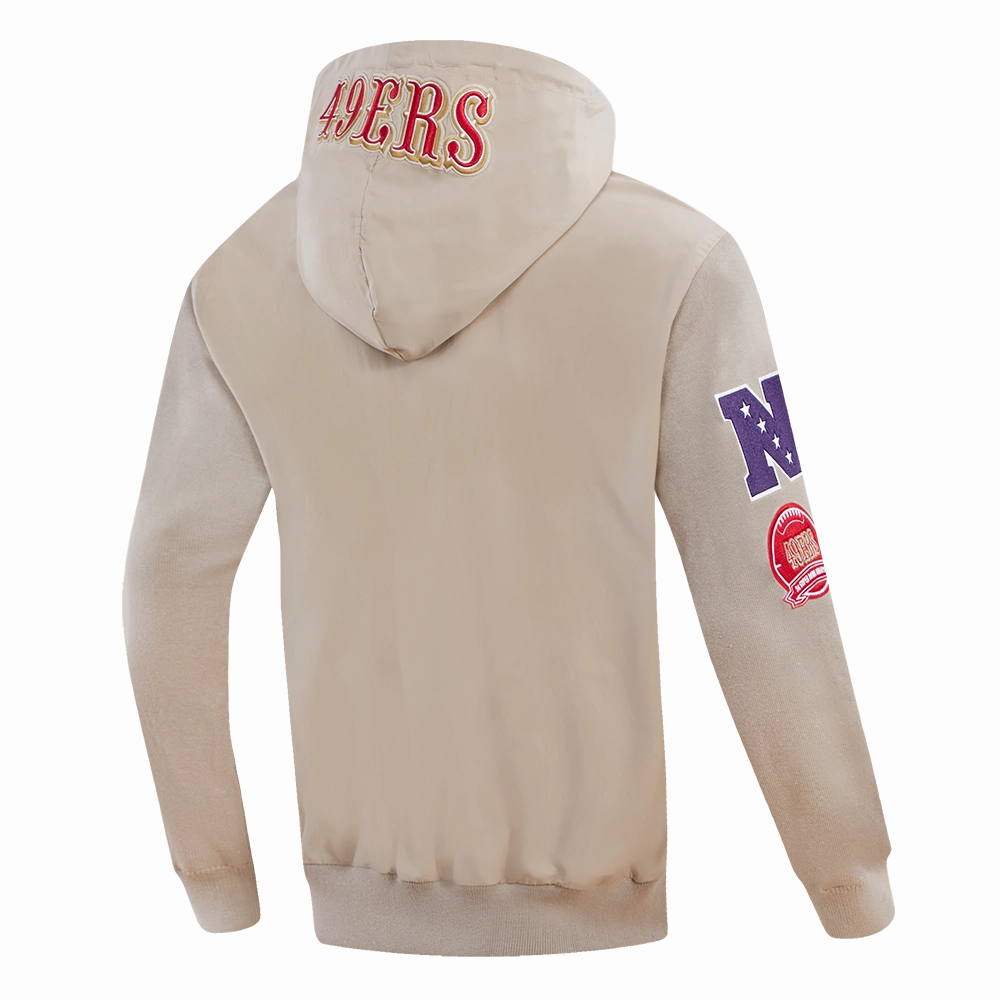 NFL SAN FRANCISCO 49ERS HYBRID MEN'S WOVEN FULL ZIP PULLOVER HOODIE (KHAKI)