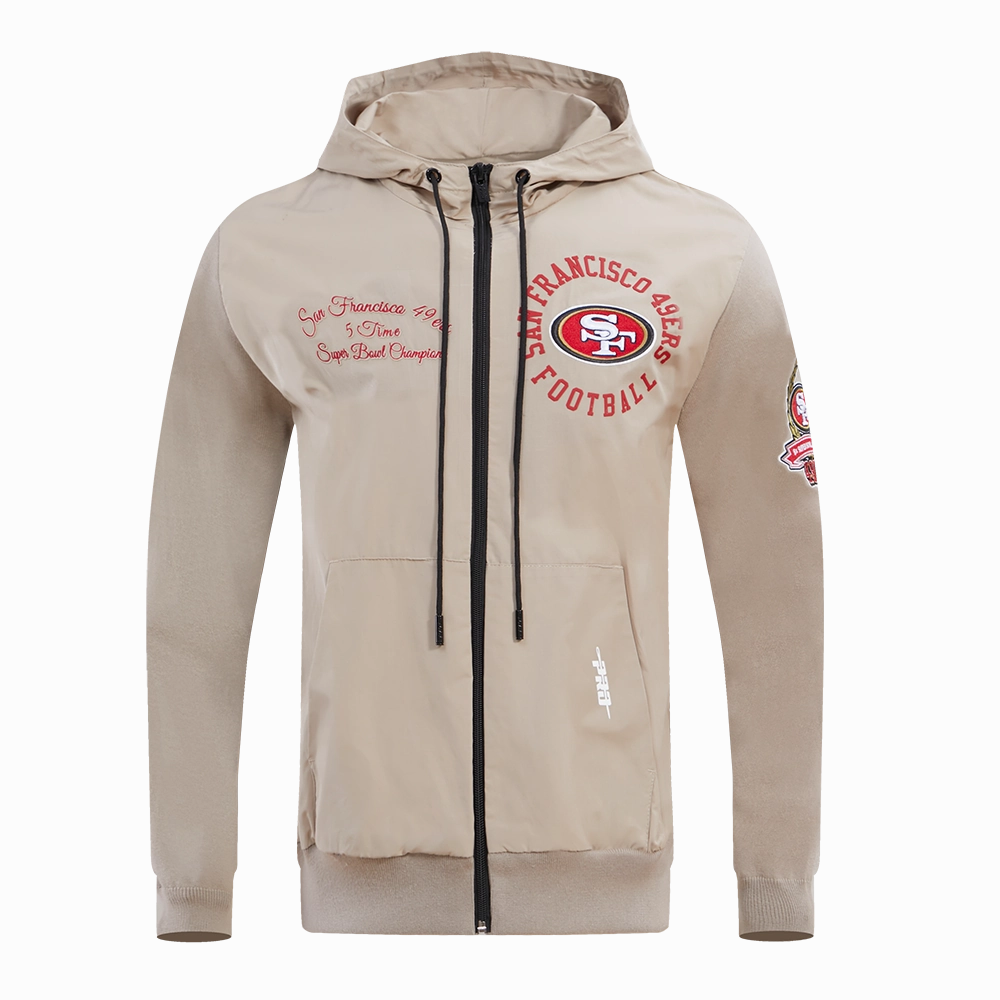 NFL SAN FRANCISCO 49ERS HYBRID MEN'S WOVEN FULL ZIP PULLOVER HOODIE (KHAKI)