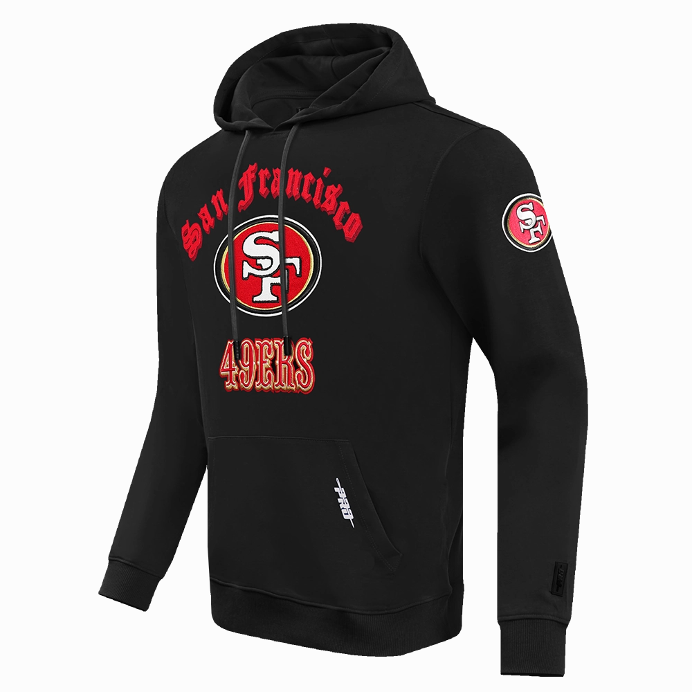 NFL SAN FRANCISCO 49ERS OLD ENGLISH MEN'S PULLOVER HOODIE (BLACK)