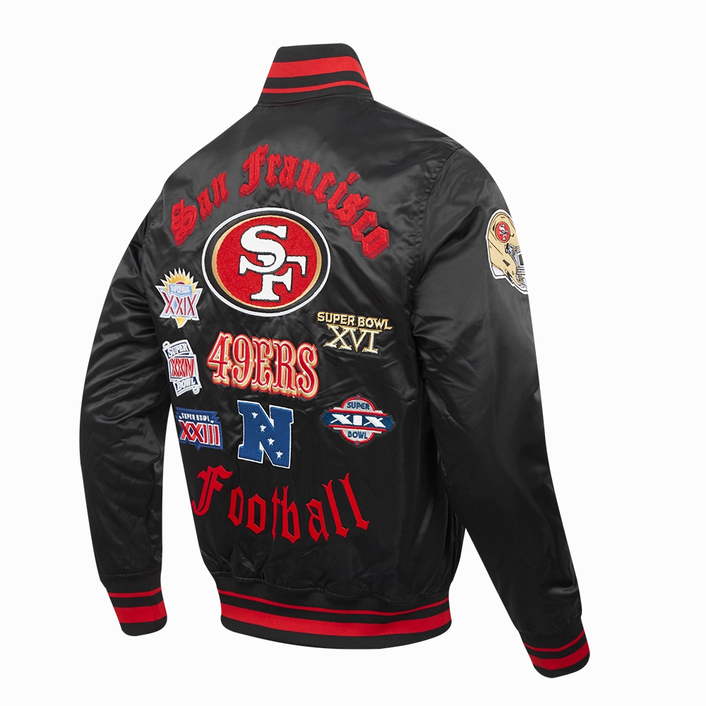 NFL SAN FRANCISCO 49ERS OLD ENGLISH MEN'S RIB SATIN JACKET (BLACK/RED/BLACK)