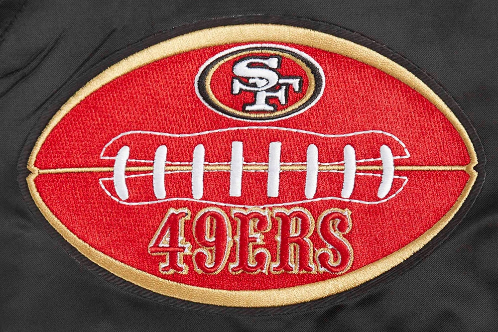 NFL SAN FRANCISCO 49ERS OLD ENGLISH MEN'S RIB SATIN JACKET (BLACK/RED/BLACK)