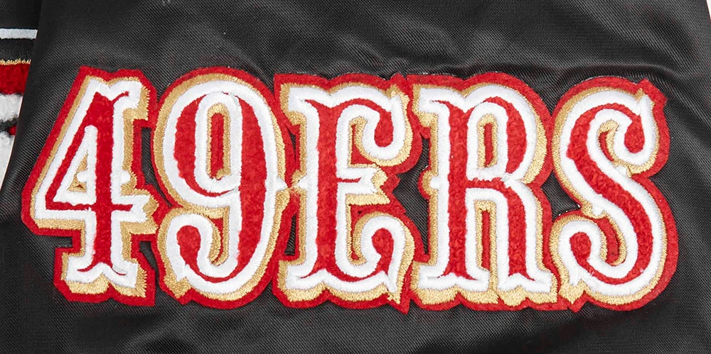 NFL SAN FRANCISCO 49ERS OLD ENGLISH MEN'S RIB SATIN JACKET (BLACK/RED/BLACK)