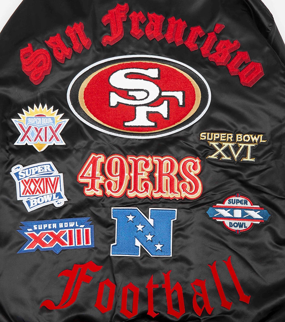 NFL SAN FRANCISCO 49ERS OLD ENGLISH MEN'S RIB SATIN JACKET (BLACK/RED/BLACK)