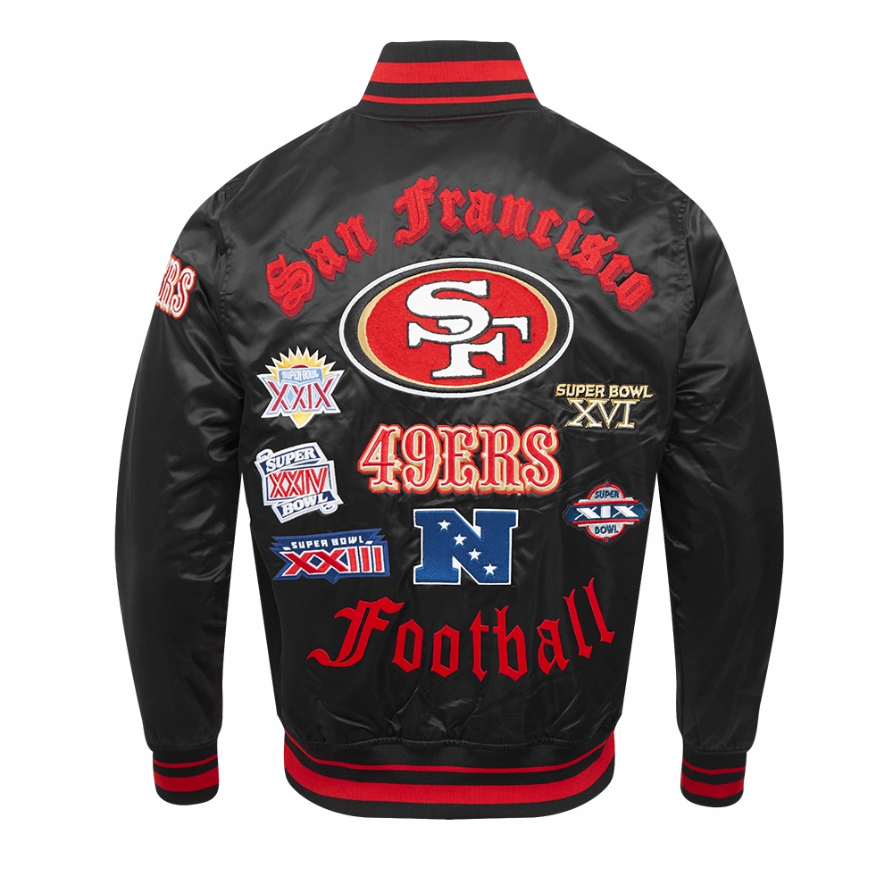 NFL SAN FRANCISCO 49ERS OLD ENGLISH MEN'S RIB SATIN JACKET (BLACK/RED/BLACK)