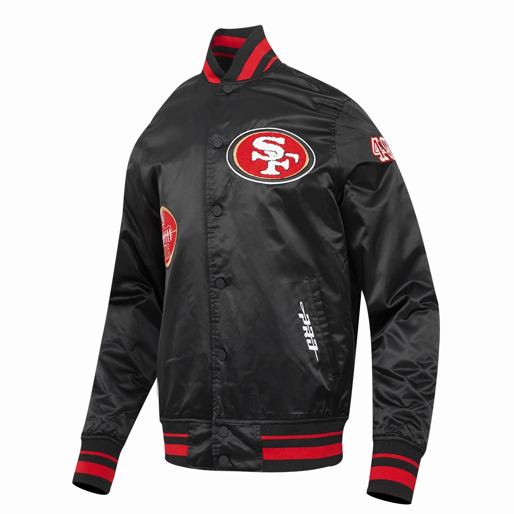 NFL SAN FRANCISCO 49ERS OLD ENGLISH MEN'S RIB SATIN JACKET (BLACK/RED/BLACK)