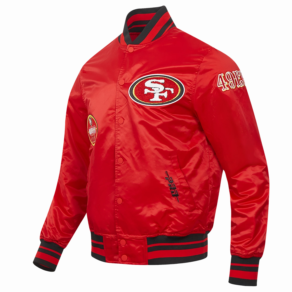 NFL SAN FRANCISCO 49ERS OLD ENGLISH MEN'S RIB SATIN JACKET (RED/BLACK)