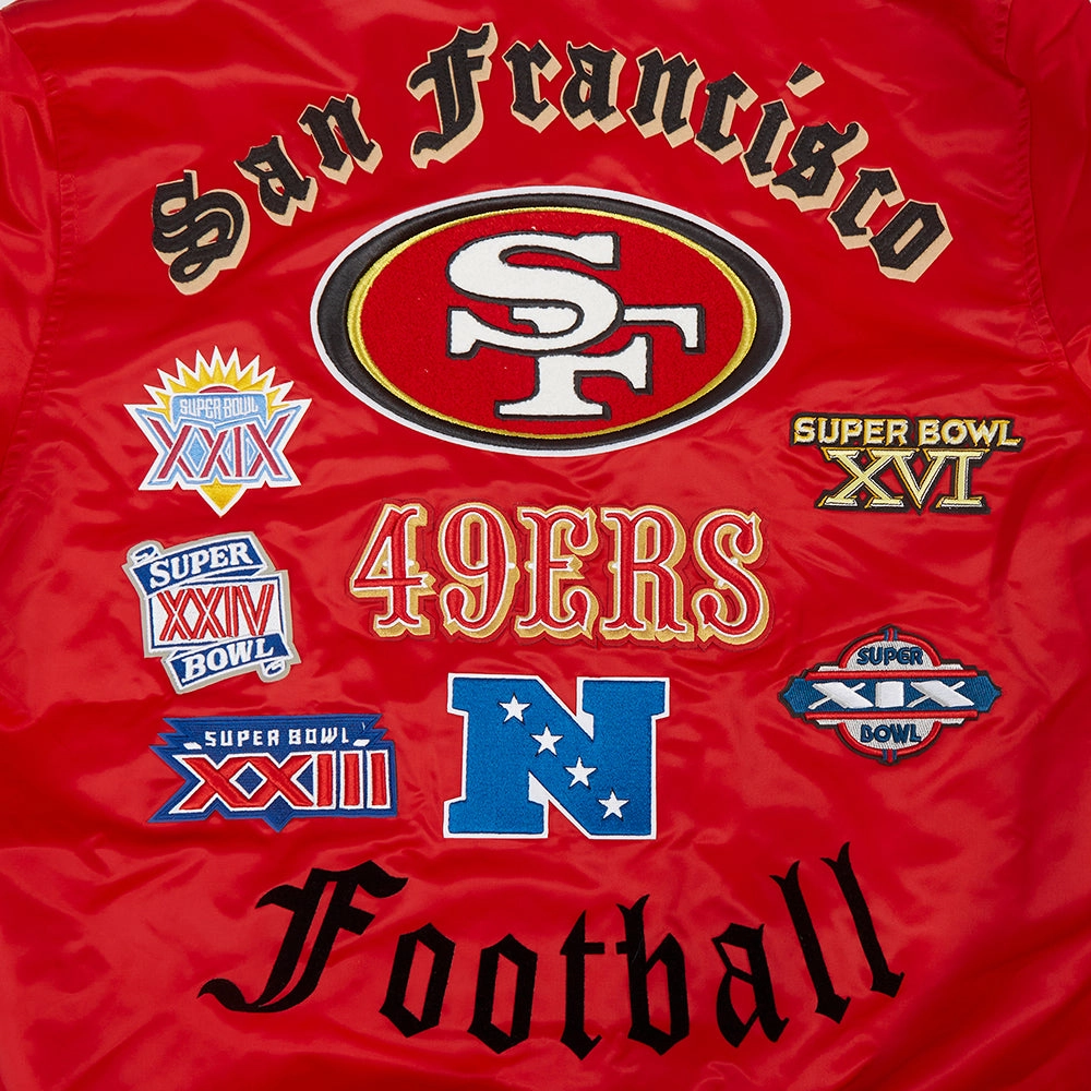 NFL SAN FRANCISCO 49ERS OLD ENGLISH MEN'S RIB SATIN JACKET (RED/BLACK)