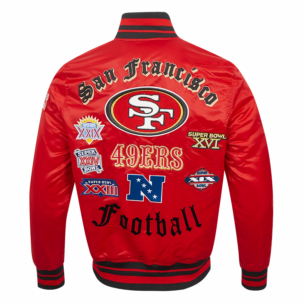 NFL SAN FRANCISCO 49ERS OLD ENGLISH MEN'S RIB SATIN JACKET (RED/BLACK)