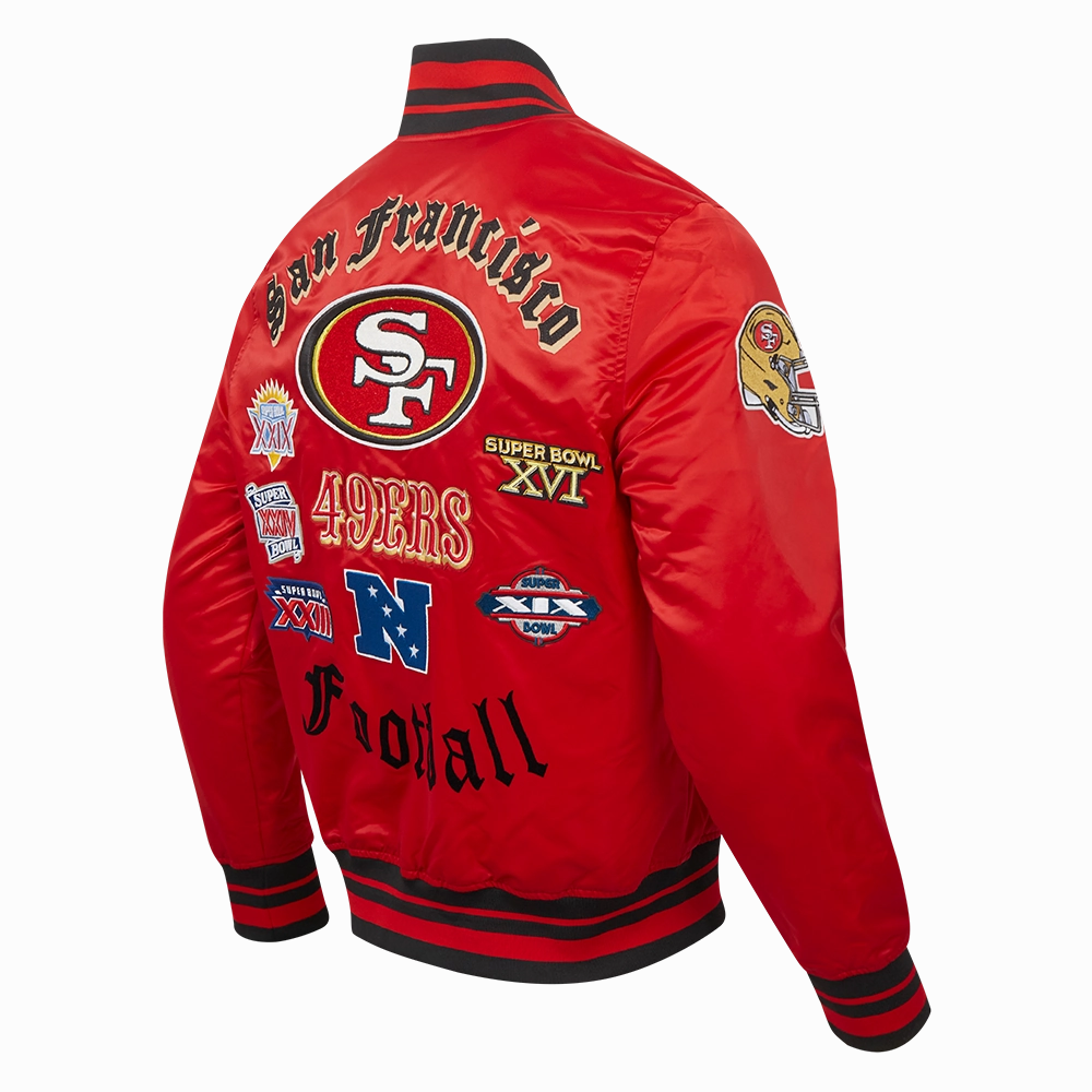 NFL SAN FRANCISCO 49ERS OLD ENGLISH MEN'S RIB SATIN JACKET (RED/BLACK)